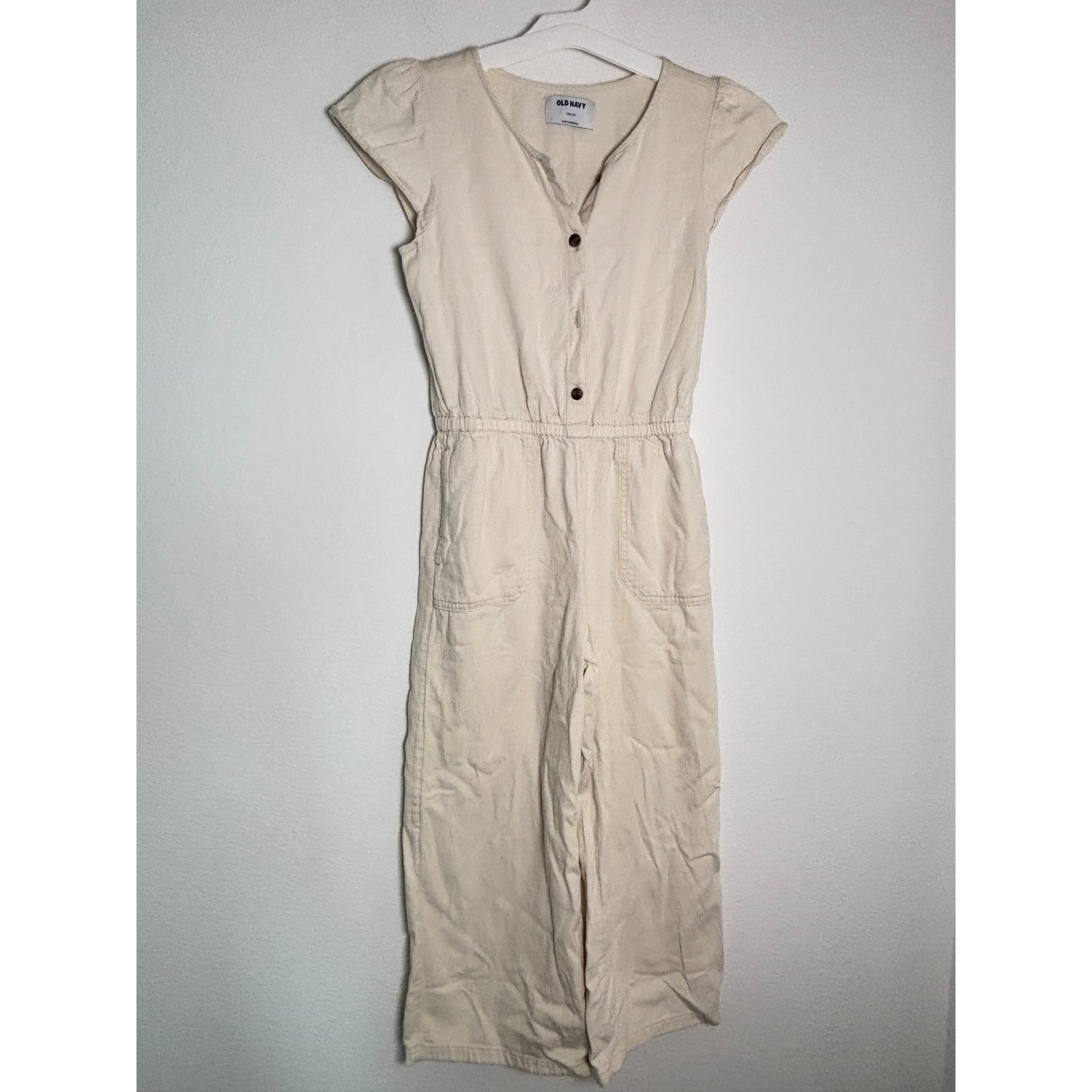 Old Navy Girls Cream Beige Linen Blend Cap Sleeve Wide Leg Jumpsuit Size L 10-12
